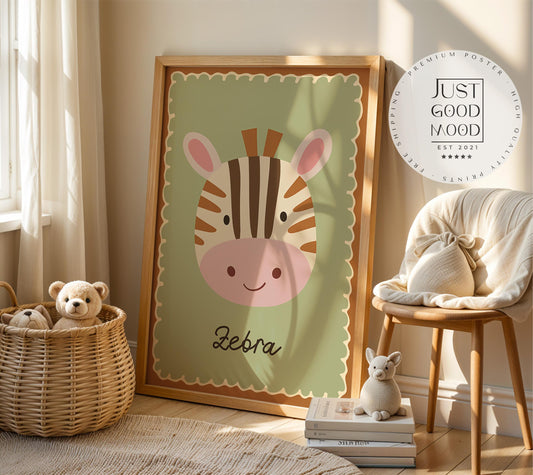 Poster Kinderzimmer Zebra · Niedliches Tiermotiv auf Grün · Safari Deko für Babyzimmer · Liebevoll illustriert · Dekoprint ohne Rahmen-0